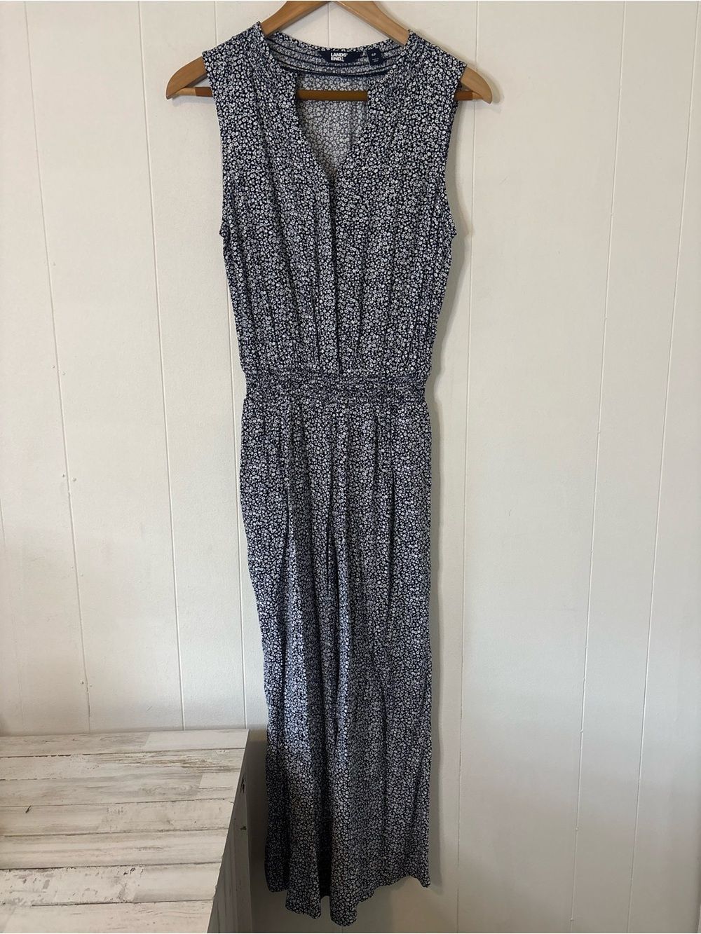 Lands End Navy Blue Floral Sleeveless Button-up Ankle Jumpsuit Coastal 6 Petite